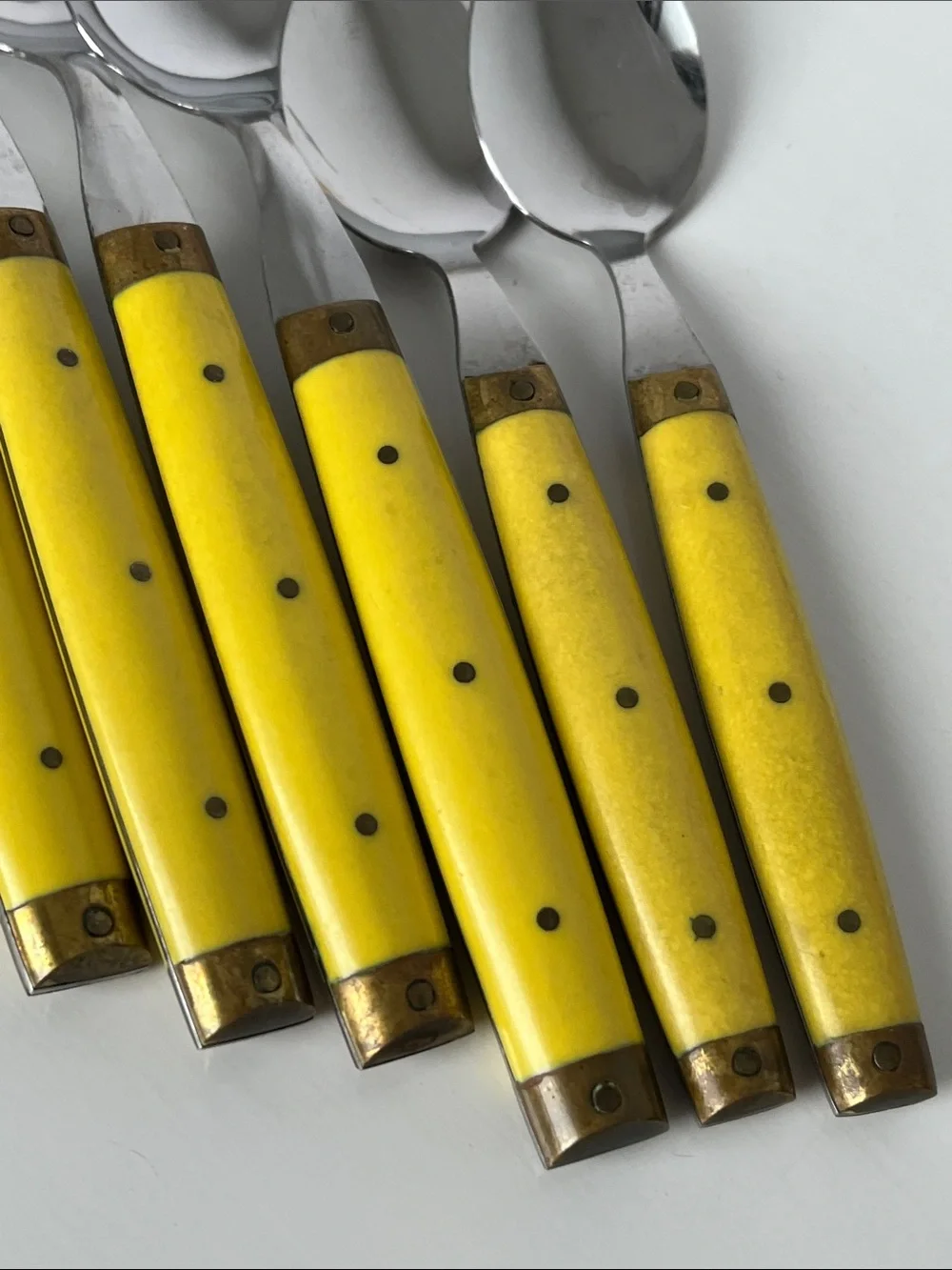 Vintage Bonniers France Yellow Handle Spoon Set MCM French Bistro Brass Flatware
